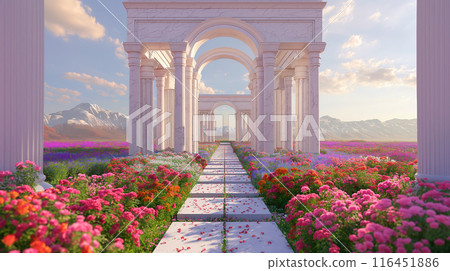 The stage design, Catwalk design, Roman-style arch, has two columns, in the middle is a white marble arch, the surrounding area has flower fields. 3D render 116451886