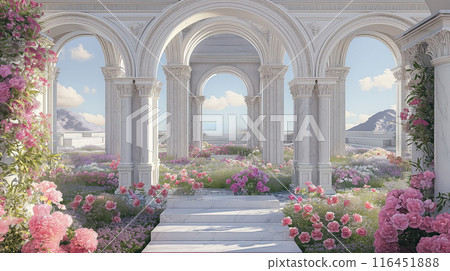The stage design, Catwalk design, Roman-style arch, has two columns, in the middle is a white marble arch, the surrounding area has flower fields. 3D render 116451888