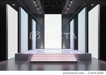 The stage has a backdrop various sizes of rectangular. Have a white LED screen, center and left-right, stage floor 3 steps, all white for the show 116451894