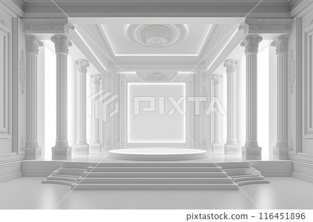 The stage has a rectangular backdrop of various sizes, with a white LED screen in the middle, left and right are Roman pillars, Roman style, 3-step stage floor, all white for the performance 116451896