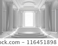 The stage has a rectangular backdrop of various sizes, with a white LED screen in the middle, left and right are Roman pillars, Roman style, 3-step stage floor, all white for the performance 116451898