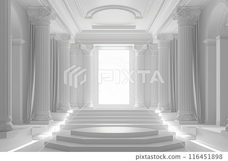 The stage has a rectangular backdrop of various sizes, with a white LED screen in the middle, left and right are Roman pillars, Roman style, 3-step stage floor, all white for the performance The stage has a rectangular backdrop of various sizes, with a white LED screen in the middle, left and right are Roman pillars, Roman style, 3-step stage floor, all white for the performance 116451898