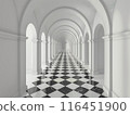 Many White arches are arranged in a tunnel long way to the end of the floor is checkered pattern, visual feelings showed exit. Problem solving ways to find success. Key to success 116451900