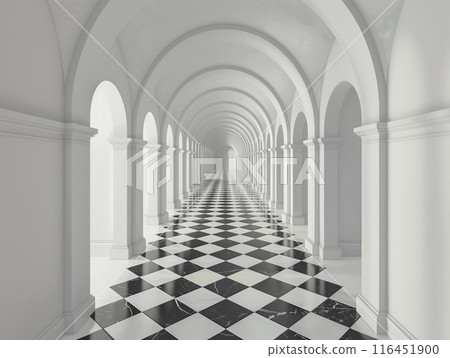 Many White arches are arranged in a tunnel long way to the end of the floor is checkered pattern, visual feelings showed exit. Problem solving ways to find success. Key to success Many White arches are arranged in a tunnel long way to the end of the floor is checkered pattern, visual feelings showed exit. Problem solving ways to find success. Key to success 116451900