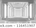 The stage has a rectangular backdrop of various sizes, with a white LED screen in the middle, left and right are Roman pillars, Roman style, 3-step stage floor, all white for the performance 116451907