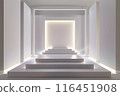 The stage has a backdrop various sizes of rectangular. Have a white LED screen, center and left-right, stage floor 3 steps, all white for the show 116451908