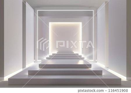 The stage has a backdrop various sizes of rectangular. Have a white LED screen, center and left-right, stage floor 3 steps, all white for the show 116451908