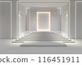 The stage has a backdrop various sizes of rectangular. Have a white LED screen, center and left-right, stage floor 3 steps, all white for the show 116451911