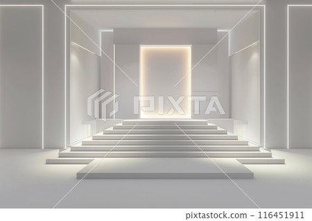 The stage has a backdrop various sizes of rectangular. Have a white LED screen, center and left-right, stage floor 3 steps, all white for the show 116451911