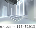 The stage has a backdrop various sizes of rectangular. Have a white LED screen, center and left-right, stage floor 3 steps, all white for the show 116451913