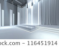 The stage has a backdrop various sizes of rectangular. Have a white LED screen, center and left-right, stage floor 3 steps, all white for the show 116451914