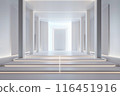 The stage has a backdrop various sizes of rectangular. Have a white LED screen, center and left-right, stage floor 3 steps, all white for the show 116451916