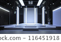 The stage has a backdrop various sizes of rectangular. Have a white LED screen, center and left-right, stage floor 3 steps, all white for the show 116451918