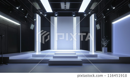 The stage has a backdrop various sizes of rectangular. Have a white LED screen, center and left-right, stage floor 3 steps, all white for the show The stage has a backdrop various sizes of rectangular. Have a white LED screen, center and left-right, stage floor 3 steps, all white for the show 116451918