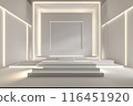 The stage has a backdrop various sizes of rectangular. Have a white LED screen, center and left-right, stage floor 3 steps, all white for the show 116451920