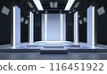 The stage has a backdrop various sizes of rectangular. Have a white LED screen, center and left-right, stage floor 3 steps, all white for the show 116451922