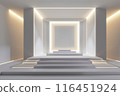 The stage has a backdrop various sizes of rectangular. Have a white LED screen, center and left-right, stage floor 3 steps, all white for the show 116451924