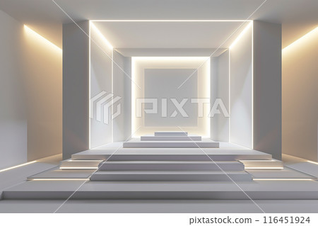 The stage has a backdrop various sizes of rectangular. Have a white LED screen, center and left-right, stage floor 3 steps, all white for the show 116451924