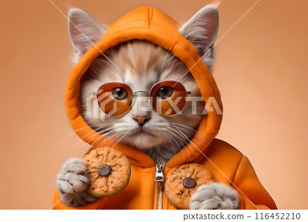 cute cat in sunglasses with Halloween cookies isolated on orange background 116452210