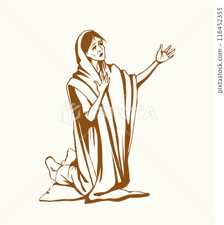 A starving woman asks for help. Vector drawing 116452355