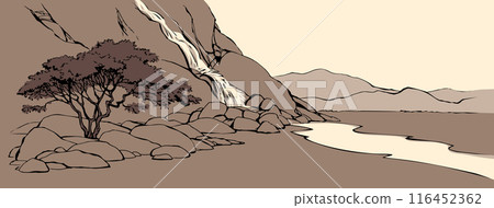 Vector landscape. Tree near a mountain stream 116452362