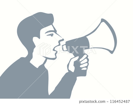 The man shouts into the loudspeaker. Vector drawing 116452487