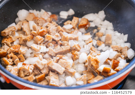 Sauteed finely chopped hamburger and onions Sauteed finely chopped hamburger and onions 116452579