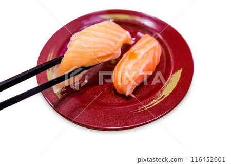 Top view of Japanese fresh salmon sushi with Japanese rice in red plate, focus selective 116452601