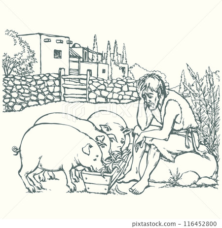 Vector drawing. A sad man and pigs Vector drawing. A sad man and pigs 116452800