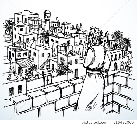 Vector drawing. King David on the roof of palace Vector drawing. King David on the roof of palace 116452809