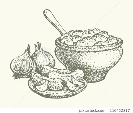 Vector still life. Traditional Slavic food: potatoes in a clay pot 116452817
