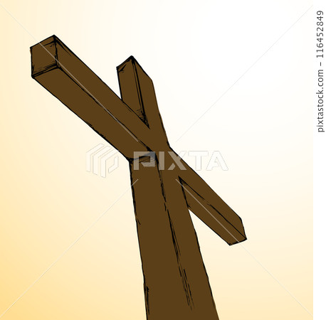 Wooden cross on sky background. Vector drawing 116452849