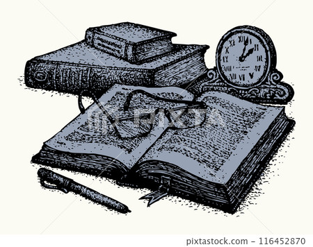 Vector still life. Old books, paper, pen and clock Vector still life. Old books, paper, pen and clock 116452870