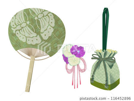 Watercolor paintings of a fan, a drawstring bag, and a hair accessory 116452896