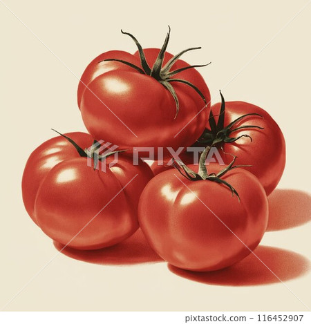 復古海報印刷風格 4 個鮮紅色西紅柿堆疊在一起的側視圖方形插圖新鮮蔬菜 116452907