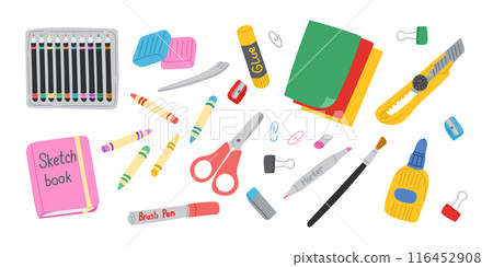 Art crafting items set with scissors and modeling clay in flat hand drawn style. Colorful educational or school stationary stickers isolated on white background. Good for decoration or labels Art crafting items set with scissors and modeling clay in flat hand drawn style. Colorful educational or school stationary stickers isolated on white background. Good for decoration or labels 116452908
