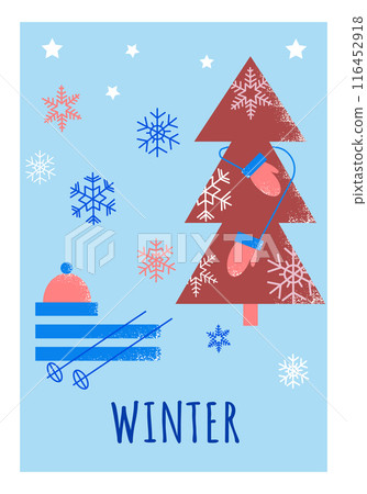 Winter weather contrast poster with text Winter in flat geometric style. Vector modern illustration with fir tree, snowflakes, hat and skis for banner or poster 116452918