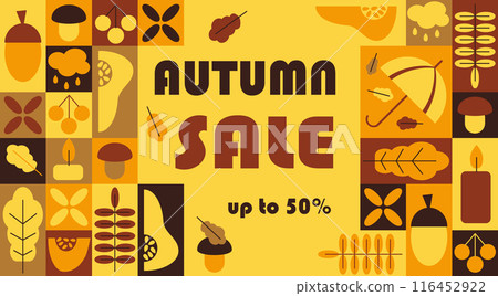 Autumn sale high contrast abstract horizontal banner in geometric style. Vacation elements in simple geometric shapes, vector flat style. Good for advertisement and marketing 116452922