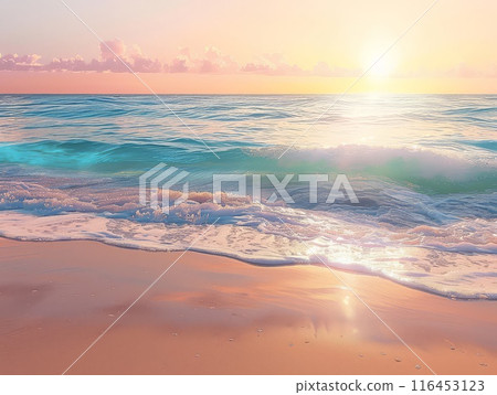 Tropical paradise emerges as sunrise touches pristine beach, turquoise ocean 116453123