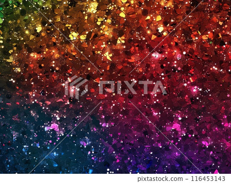 Glittering backdrop with vibrant, blurred bokeh lights and rainbow hues 116453143
