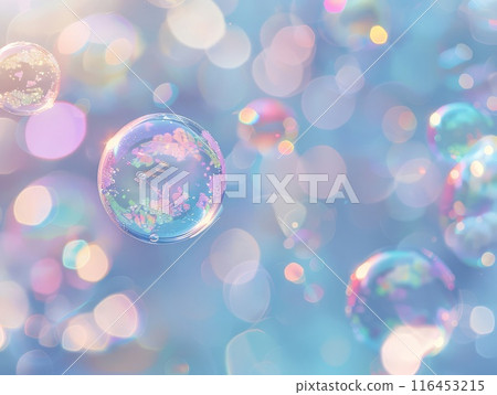 Bright blue air adorned with shiny, transparent bubbles, abstract background 116453215