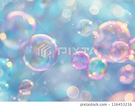 Shiny transparent bubbles in bright blue air, creating abstract background 116453216