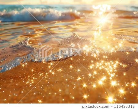 Waves gently lap, sunset hues painting the evening sky 116453312