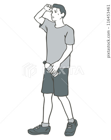 Illustration of a man holding a plastic bottle who is tired of the heat Illustration of a man holding a plastic bottle who is tired of the heat 116453461