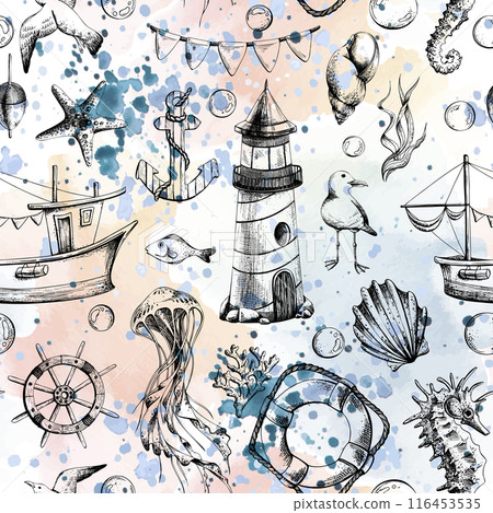 Nautical seamless pattern with marine underwater animals, a lighthouse and a boat. Illustration of graphic line art in black and white, hand drawn. For the textile, fabric, wallpaper, wrapping paper Nautical seamless pattern with marine underwater animals, a lighthouse and a boat. Illustration of graphic line art in black and white, hand drawn. For the textile, fabric, wallpaper, wrapping paper 116453535