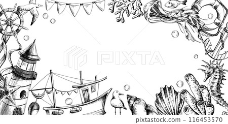 Lighthouse, boat and sea animals with paint spots and splashes. Illustration of graphic line art in black and white, hand drawn.. Frame for registration and design of cards, posters, invitations. 116453570