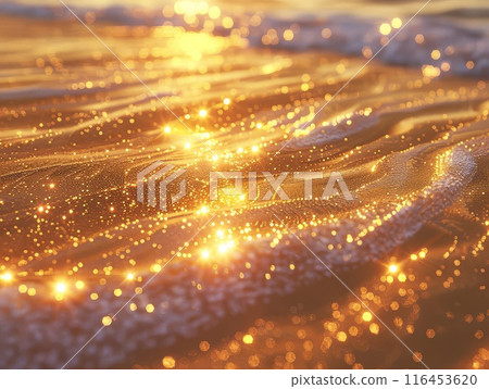 Waves gently lap, sun fiery descent echoes 116453620
