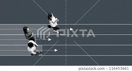 Three business professionals walking along parallel lines with arrows pointing forward. Progress, coordinated efforts towards common goals in professional environment. Conceptual minimalistic design. 116453661