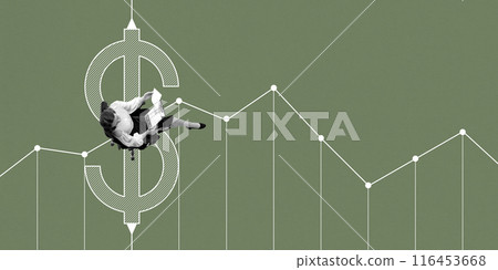 Businesswoman examines documents over large dollar sign and fluctuating line graph. Financial analysis, market trends, and growth. Conceptual minimalistic design. Businesswoman examines documents over large dollar sign and fluctuating line graph. Financial analysis, market trends, and growth. Conceptual minimalistic design. 116453668