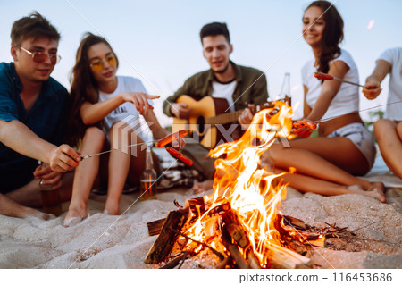 Group of young friends sitting on beach and fry sausages. One man is playing guitar. Camping time. Group of young friends sitting on beach and fry sausages. One man is playing guitar. Camping time. 116453686